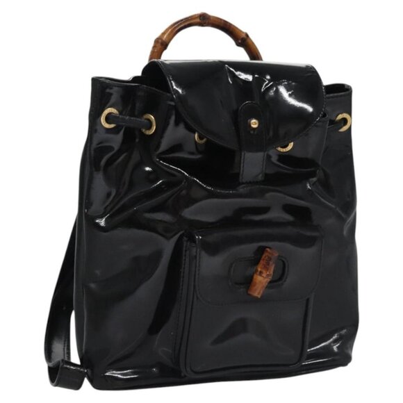 GUCCI Bamboo Backpack Patent leather Black 003 2058 0030 Auth nb014 - Picture 1 of 16